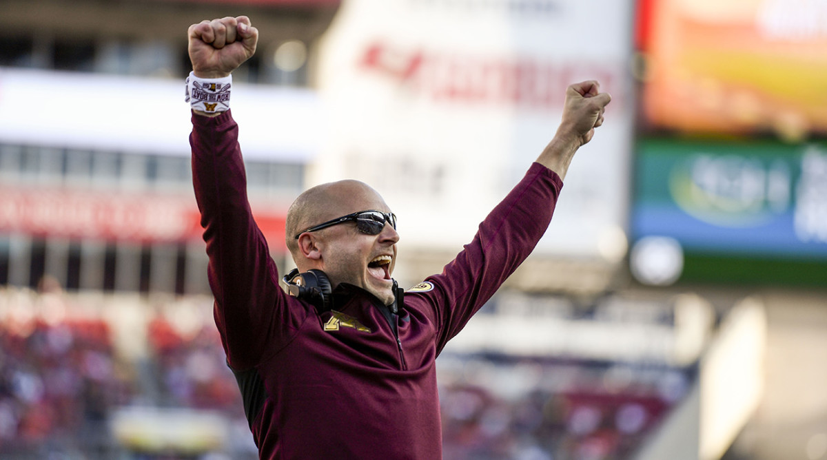 Minnesota Golden Gophers head coach PJ Fleck reacts.